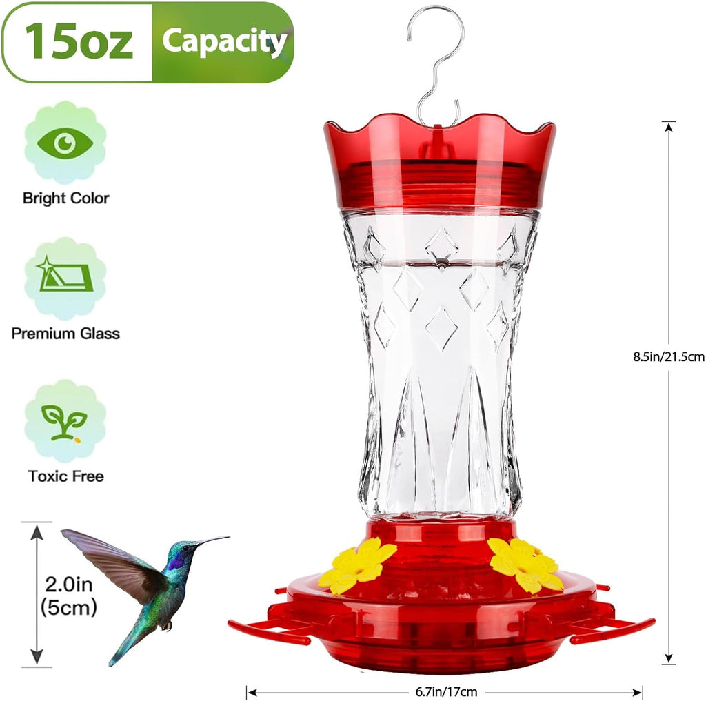 Glass Hummingbird Feeders for Outdoors Hanging, Built-In Ant Moat, 4 Bee Guard Feeding Ports with Perches, Leak Proof, 15 Ounces, Stars Decor, Red, Gifts for Women Men, Gifts for Mom Dad