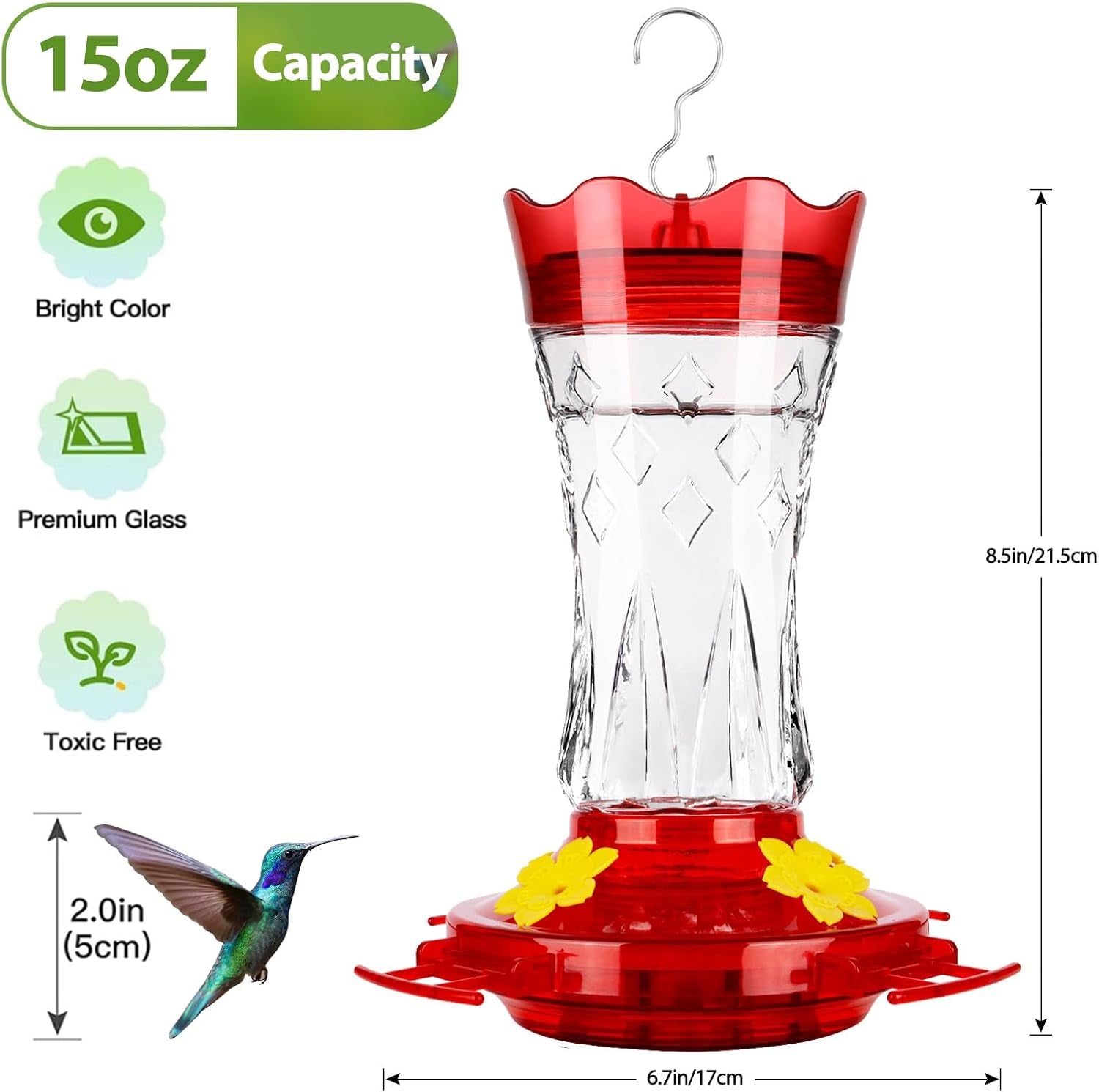Glass Hummingbird Feeders for Outdoors Hanging, Built-In Ant Moat, 4 Bee Guard Feeding Ports with Perches, Leak Proof, 15 Ounces, Stars Decor, Red, Gifts for Women Men, Gifts for Mom Dad