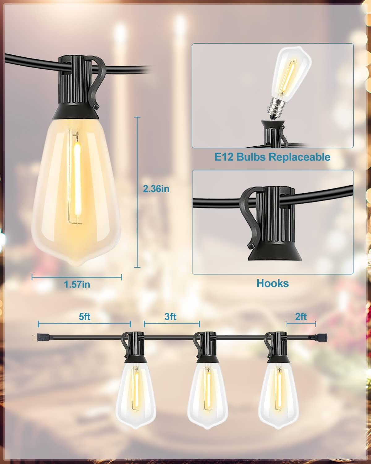 LED Outdoor String Lights 200FT Patio Lights with 96 Shatterproof ST38 Vintage Edison Bulbs, outside Hanging Light Waterproof for Porch, Deck, Garden, Backyard, Balcony, Dimmable