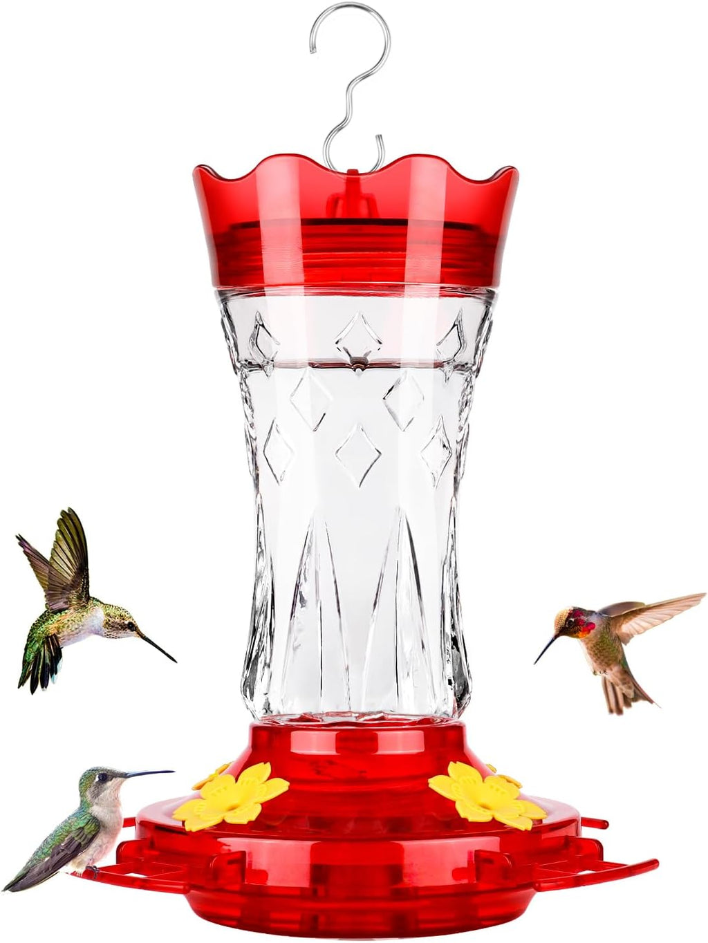 Glass Hummingbird Feeders for Outdoors Hanging, Built-In Ant Moat, 4 Bee Guard Feeding Ports with Perches, Leak Proof, 15 Ounces, Stars Decor, Red, Gifts for Women Men, Gifts for Mom Dad