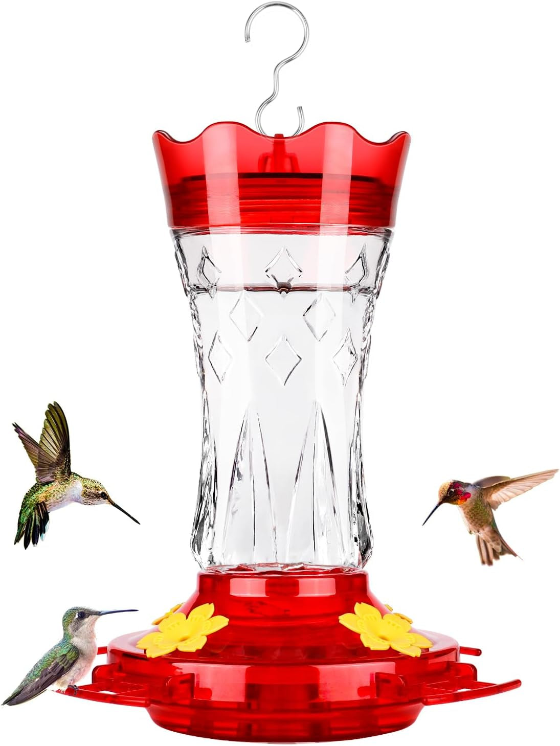 Glass Hummingbird Feeders for Outdoors Hanging, Built-In Ant Moat, 4 Bee Guard Feeding Ports with Perches, Leak Proof, 15 Ounces, Stars Decor, Red, Gifts for Women Men, Gifts for Mom Dad
