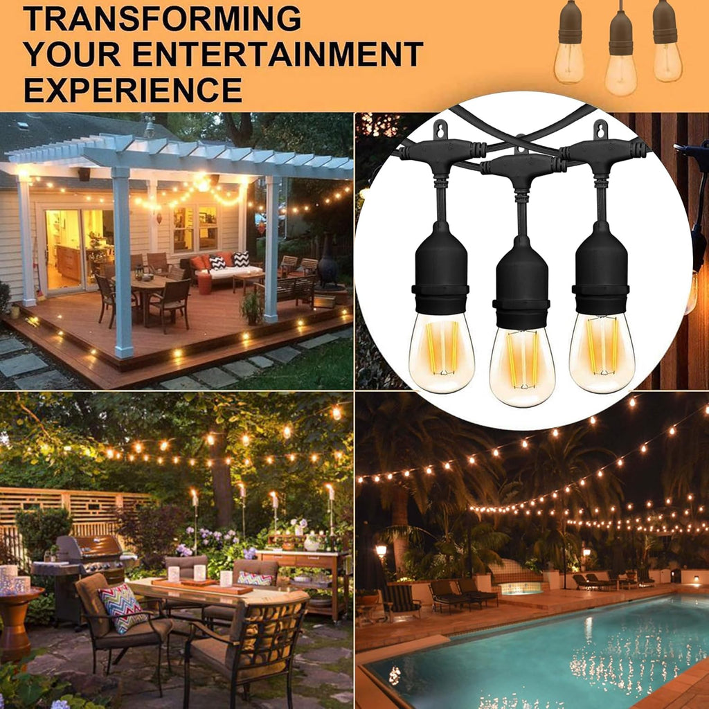 Outdoor String Lights, 48FT Waterproof Patio Lights with 2W Dimmable LED Bulbs, for Outdoor Backyard, Garden, Deck, Porch, Gazebo, Balcony, Camping, Party