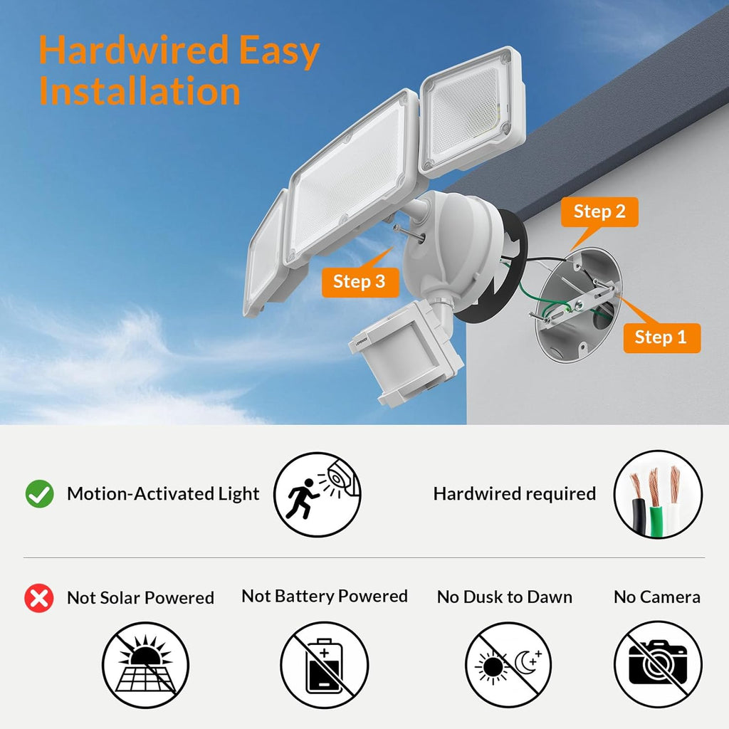 LED Security Lights Motion Sensor Light Outdoor, 38W 4200LM Light, 5500K, IP65 Waterproof, 3 Head Detected Flood Light for Garage, Yard, Porch (White)