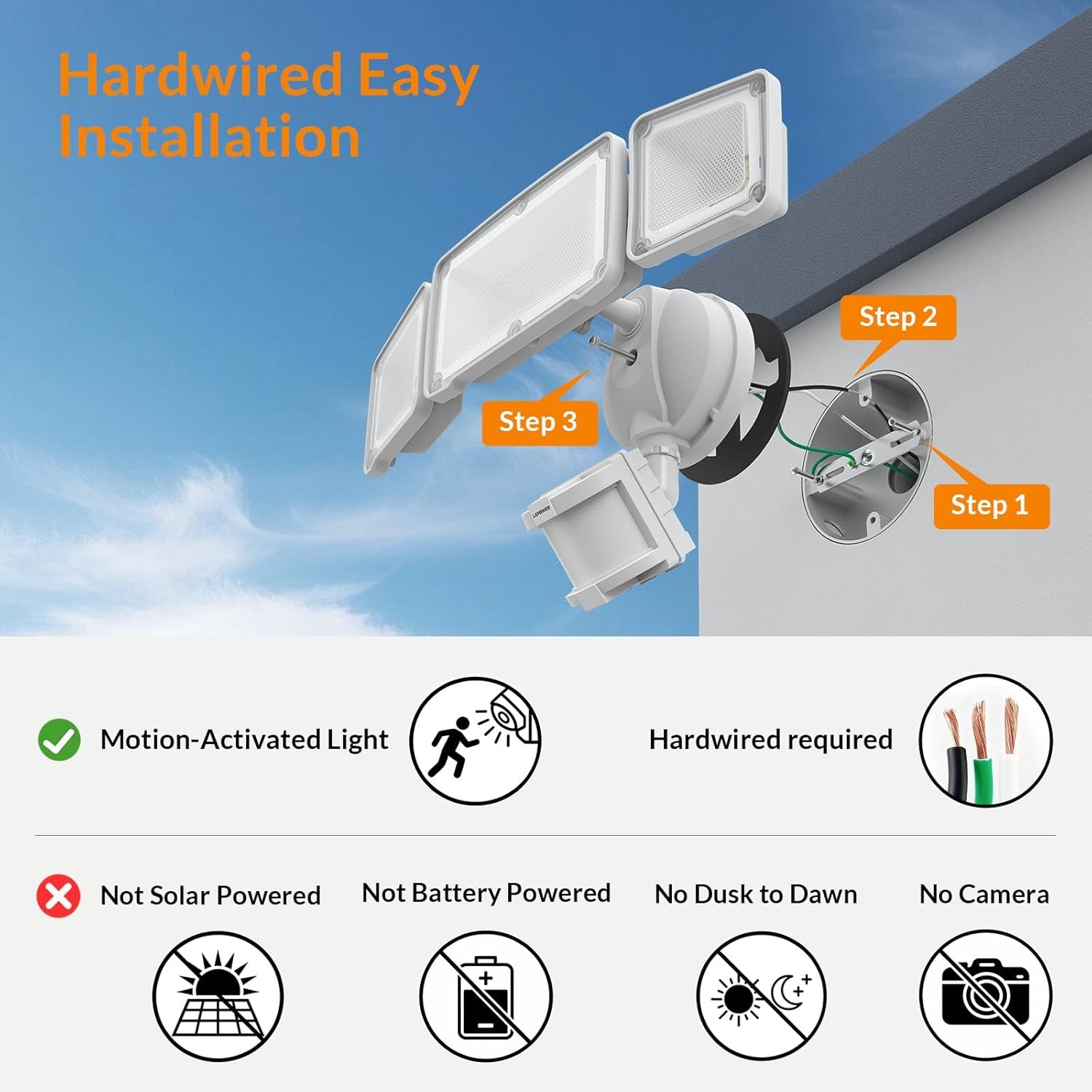 LED Security Lights Motion Sensor Light Outdoor, 38W 4200LM Light, 5500K, IP65 Waterproof, 3 Head Detected Flood Light for Garage, Yard, Porch (White)