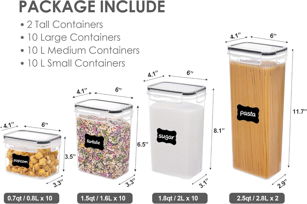 32Pcs Airtight Food Storage Containers Set, BPA Free Plastic Kitchen and Pantry Organization Canisters with Lids for Cereal, Dry Food, Flour and Sugar, Includes 32 Labels