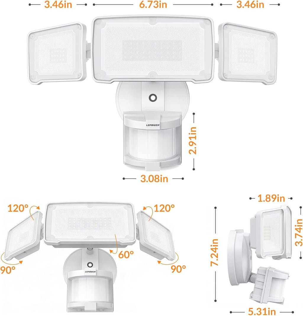 LED Security Lights Motion Sensor Light Outdoor, 38W 4200LM Light, 5500K, IP65 Waterproof, 3 Head Detected Flood Light for Garage, Yard, Porch (White)