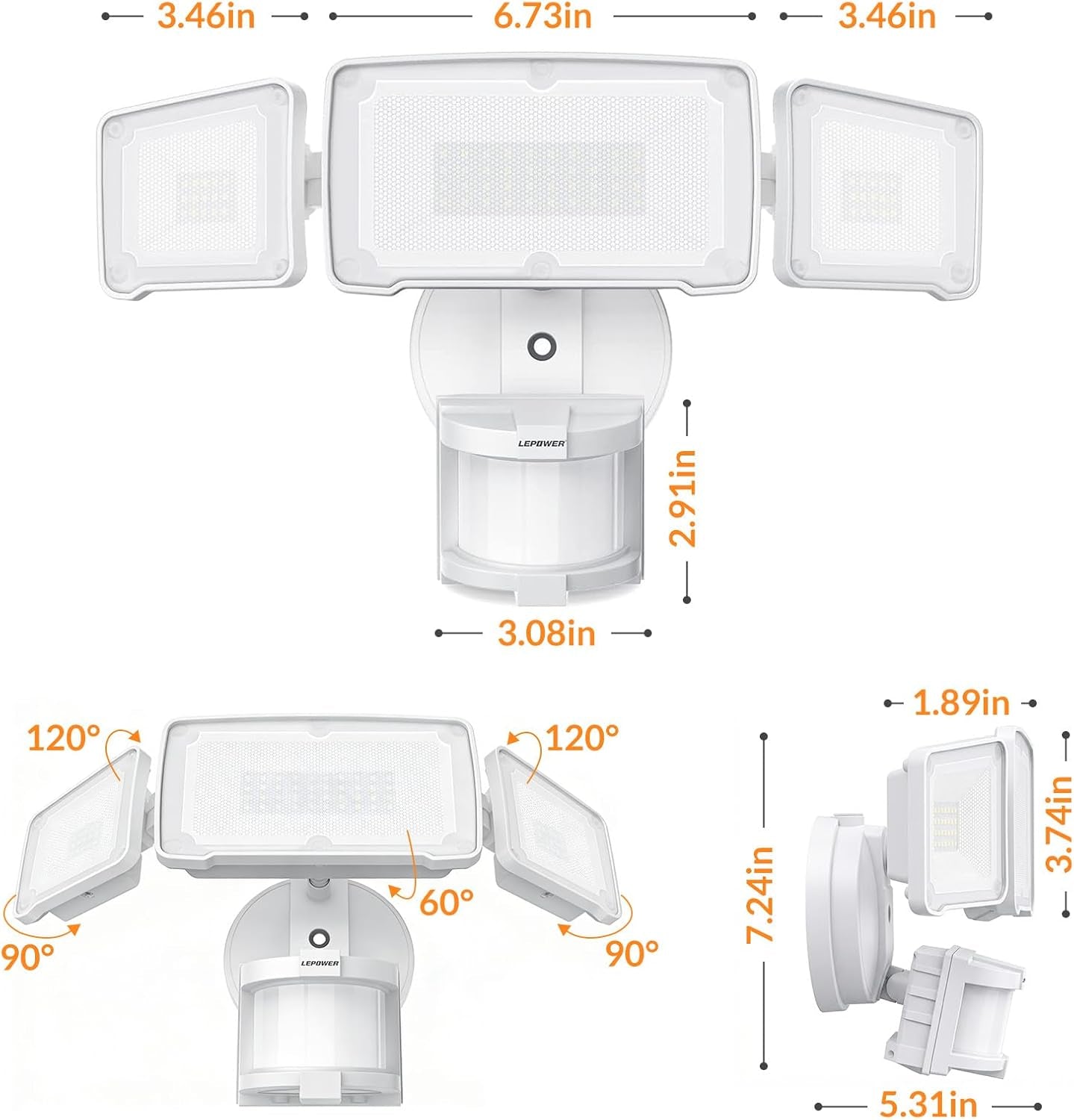 LED Security Lights Motion Sensor Light Outdoor, 38W 4200LM Light, 5500K, IP65 Waterproof, 3 Head Detected Flood Light for Garage, Yard, Porch (White)