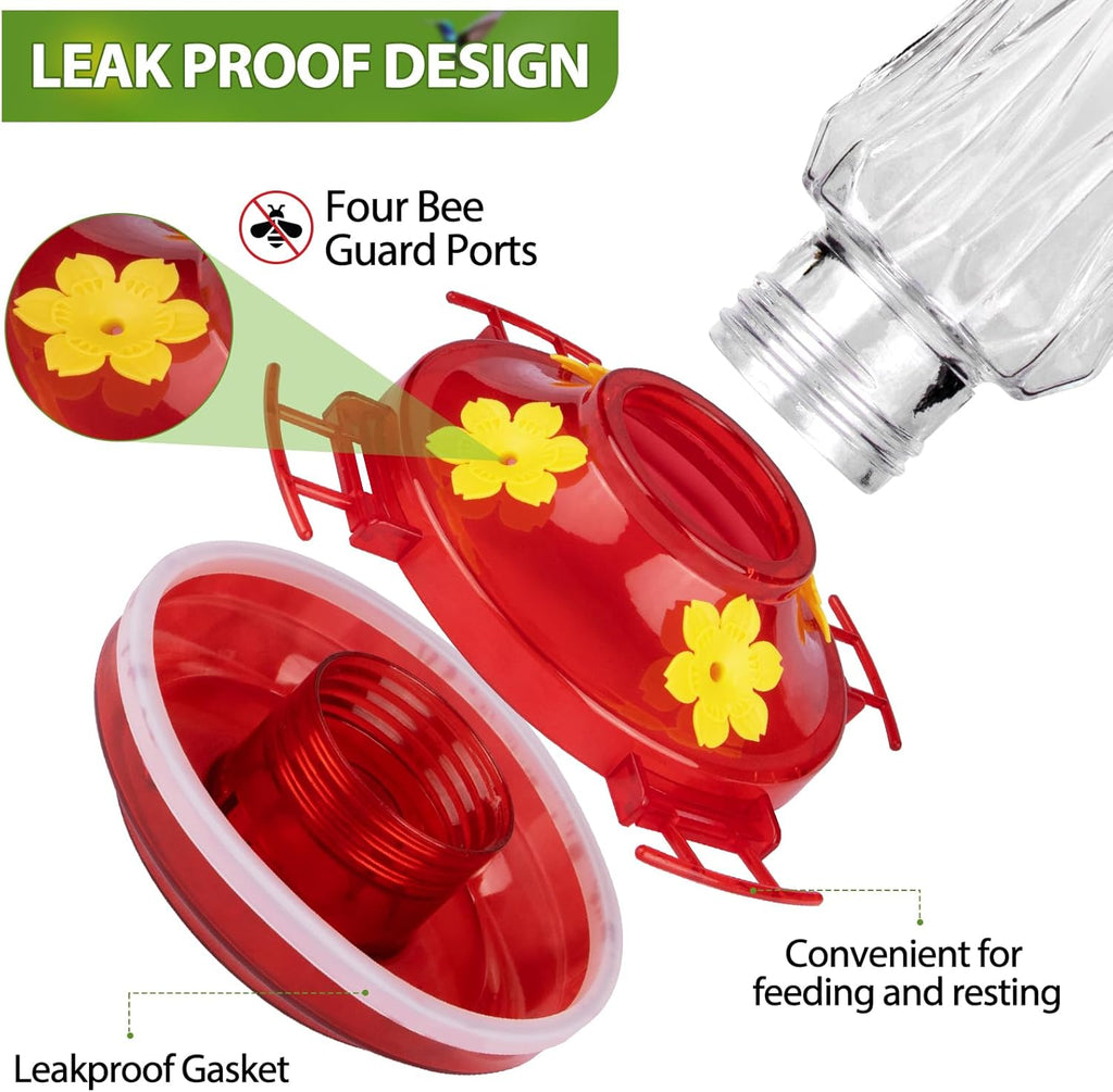 Glass Hummingbird Feeders for Outdoors Hanging, Built-In Ant Moat, 4 Bee Guard Feeding Ports with Perches, Leak Proof, 15 Ounces, Stars Decor, Red, Gifts for Women Men, Gifts for Mom Dad