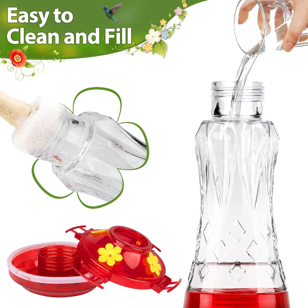 Glass Hummingbird Feeders for Outdoors Hanging, Built-In Ant Moat, 4 Bee Guard Feeding Ports with Perches, Leak Proof, 15 Ounces, Stars Decor, Red, Gifts for Women Men, Gifts for Mom Dad