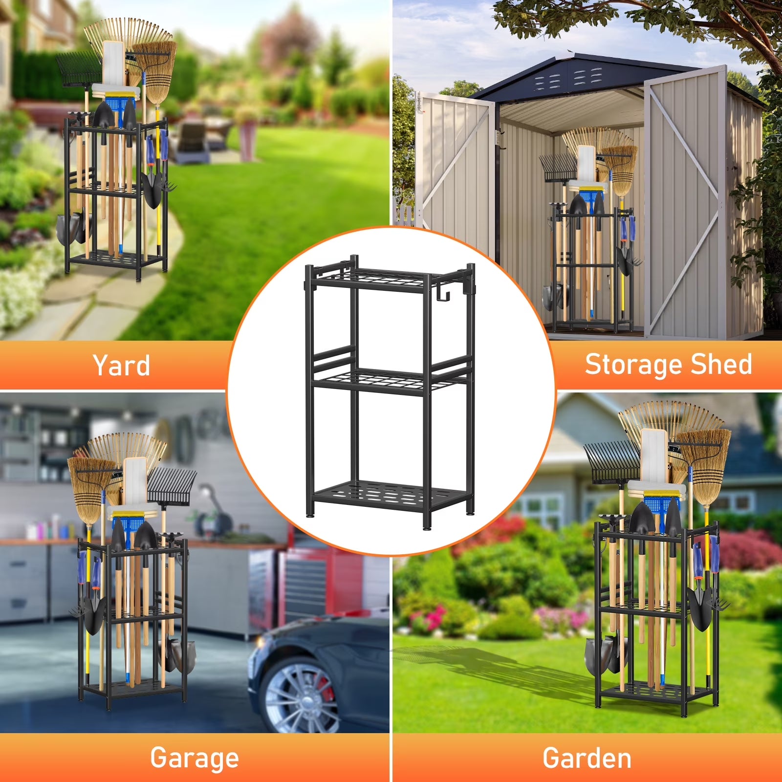 Garden Tool Organizer, UNTIMATY Yard Tool Rack with Hooks for Garage Organization Storage,Heavy Duty Metal Garden Tool Organizer Stand for Garage Shed Backyard