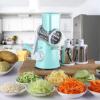 Rotary Cheese Grater 3 Drum Blades Manual Vegetable Slicer Walnuts Grinder Cheese Shredder round Mandoline with Peeler Blue