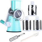 Rotary Cheese Grater 3 Drum Blades Manual Vegetable Slicer Walnuts Grinder Cheese Shredder round Mandoline with Peeler Blue