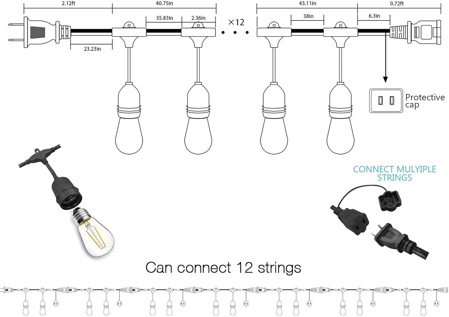 Outdoor String Lights, 48FT Waterproof Patio Lights with 2W Dimmable LED Bulbs, for Outdoor Backyard, Garden, Deck, Porch, Gazebo, Balcony, Camping, Party