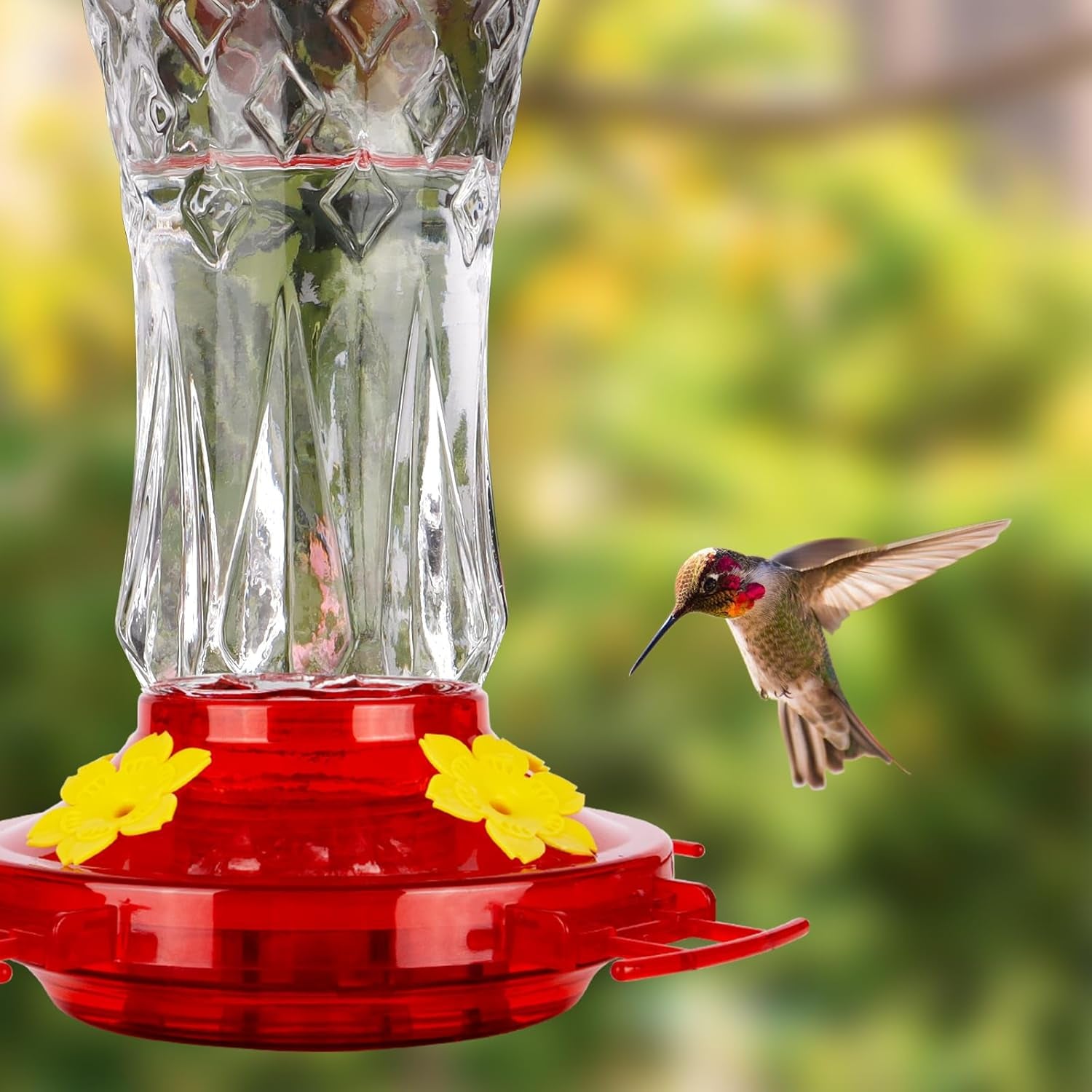 Glass Hummingbird Feeders for Outdoors Hanging, Built-In Ant Moat, 4 Bee Guard Feeding Ports with Perches, Leak Proof, 15 Ounces, Stars Decor, Red, Gifts for Women Men, Gifts for Mom Dad