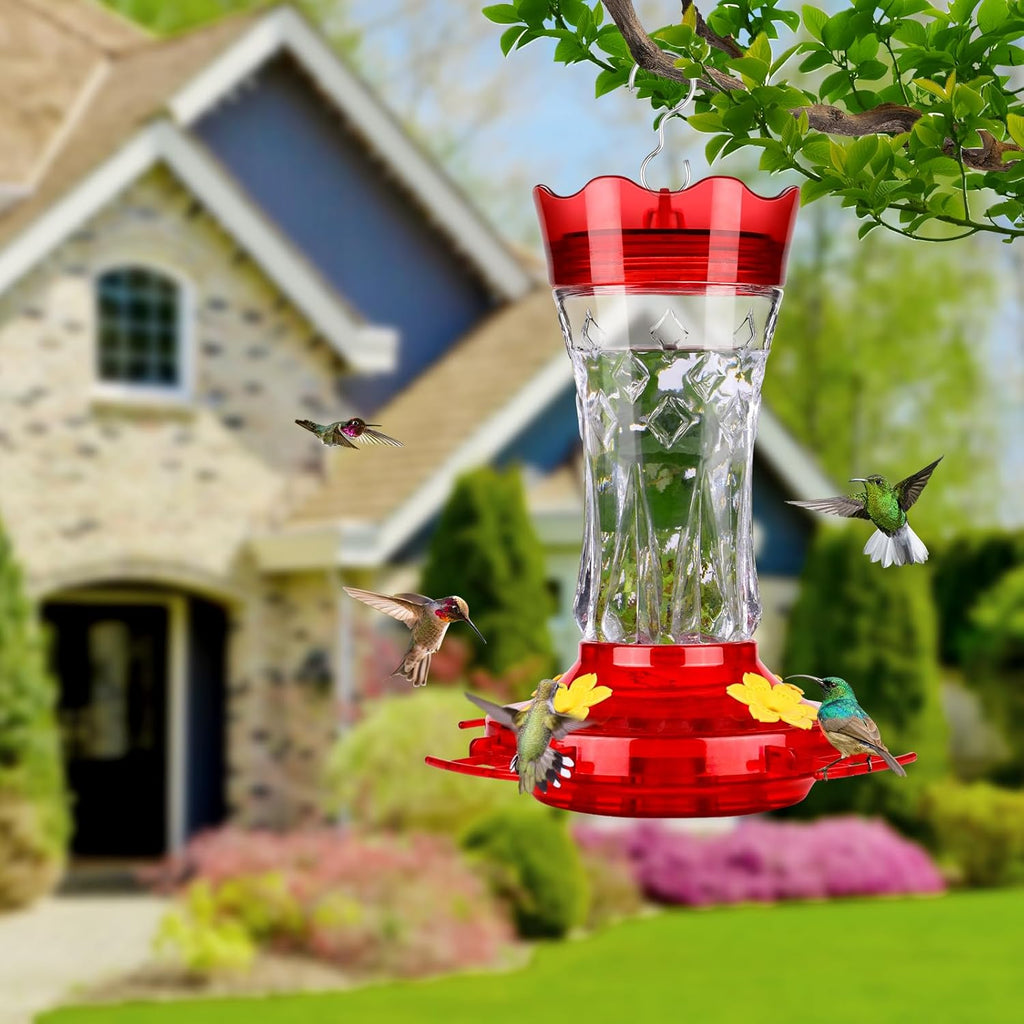 Glass Hummingbird Feeders for Outdoors Hanging, Built-In Ant Moat, 4 Bee Guard Feeding Ports with Perches, Leak Proof, 15 Ounces, Stars Decor, Red, Gifts for Women Men, Gifts for Mom Dad