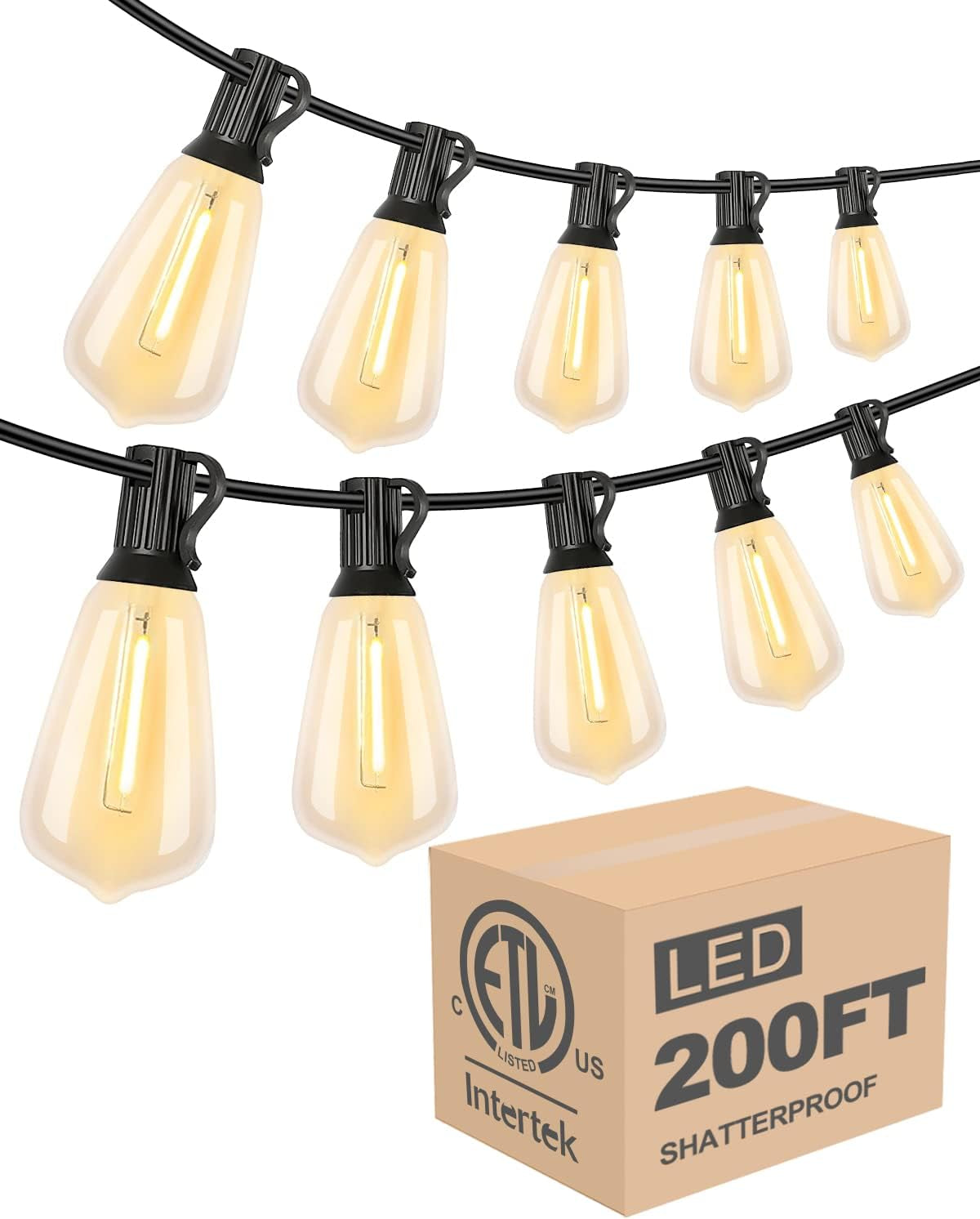 LED Outdoor String Lights 200FT Patio Lights with 96 Shatterproof ST38 Vintage Edison Bulbs, outside Hanging Light Waterproof for Porch, Deck, Garden, Backyard, Balcony, Dimmable